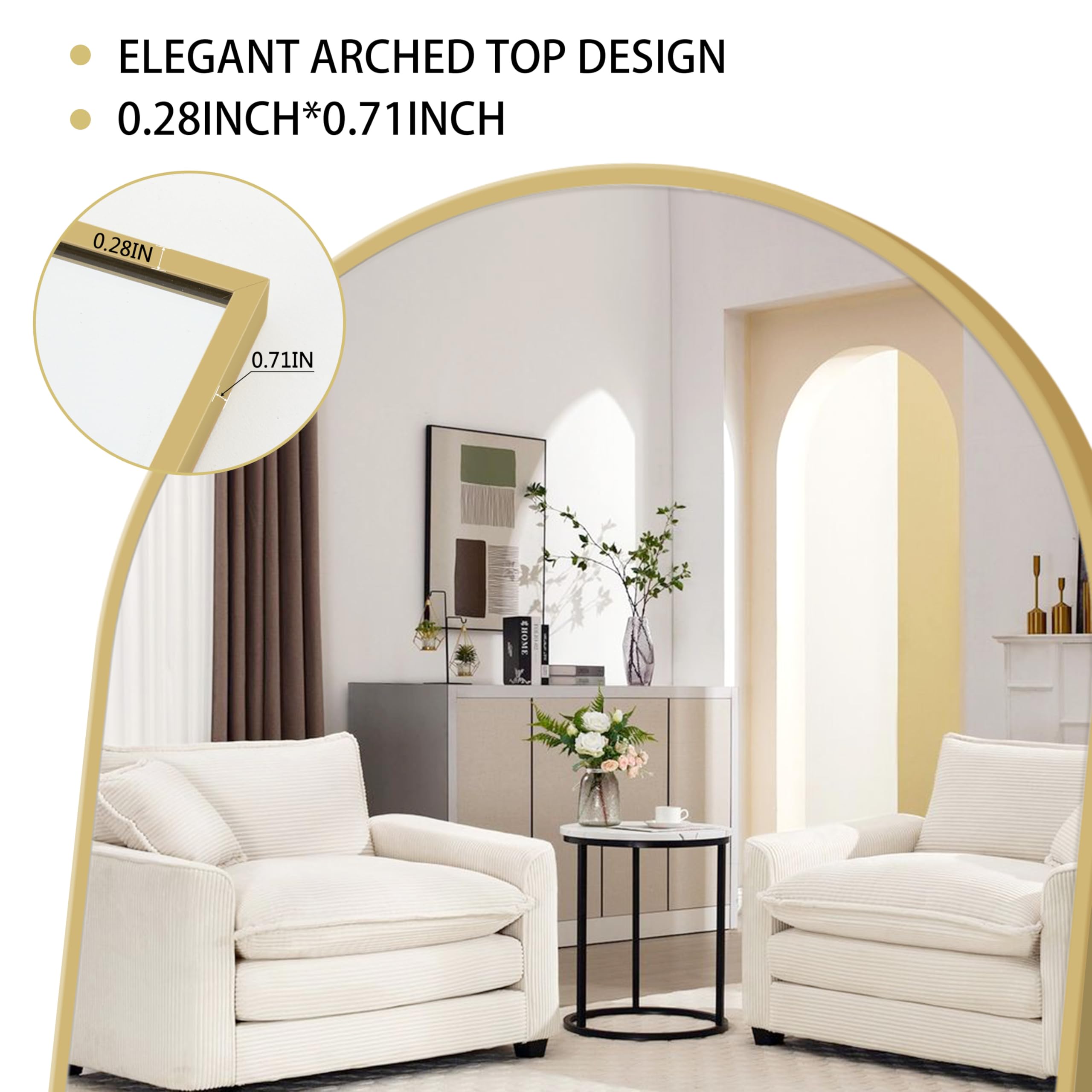 Arched Full Length Mirror 59x16 - Gold Aluminum Frame