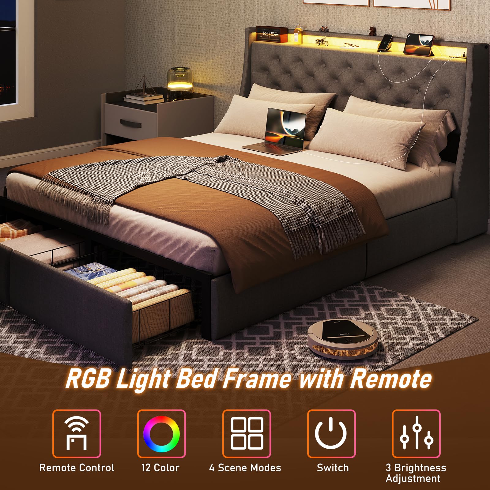 SADENICEL Full Size Bed Frame with Storage Headboard and 2 Drawer, Metal Full Bed Frame Platform with LED Light, Charging Station, No Box Spring Needed, Noise Free, Easy Assembly, Grey