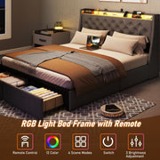 SADENICEL Full Size Bed Frame with Storage Headboard and 2 Drawer, Metal Full Bed Frame Platform with LED Light, Charging Station, No Box Spring Needed, Noise Free, Easy Assembly, Grey