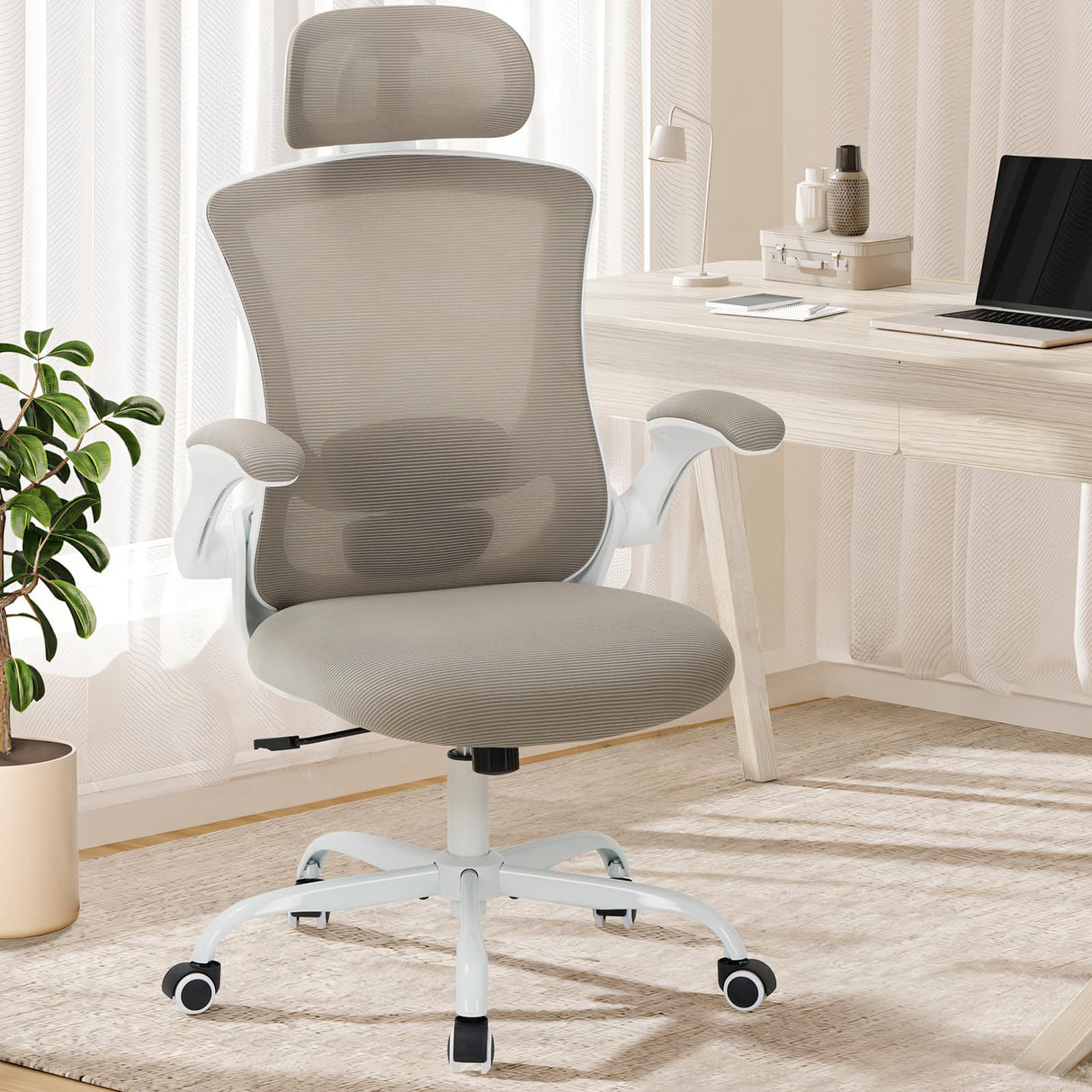 Ergonomic Mesh Office Chair, High Back Executive Desk Chair with Adjustable Headrest and Lumbar Support, Flip-Up Arms, Rocking, Swivel Rolling Computer Mesh Chair for Home Office-Khaki