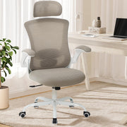 Ergonomic Mesh Office Chair, High Back Executive Desk Chair with Adjustable Headrest and Lumbar Support, Flip-Up Arms, Rocking, Swivel Rolling Computer Mesh Chair for Home Office-Khaki