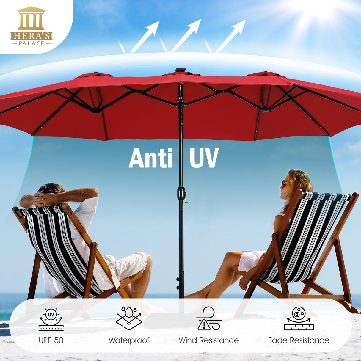 15ft Patio Umbrella with 36 LED Solar Lights, Double Sided Outdoor Umbrella for Patio,