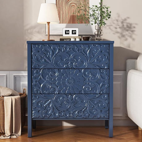 3-Drawer Dresser Chest, Modern Wooden Flower Motif Dresser with Wide Storage Space