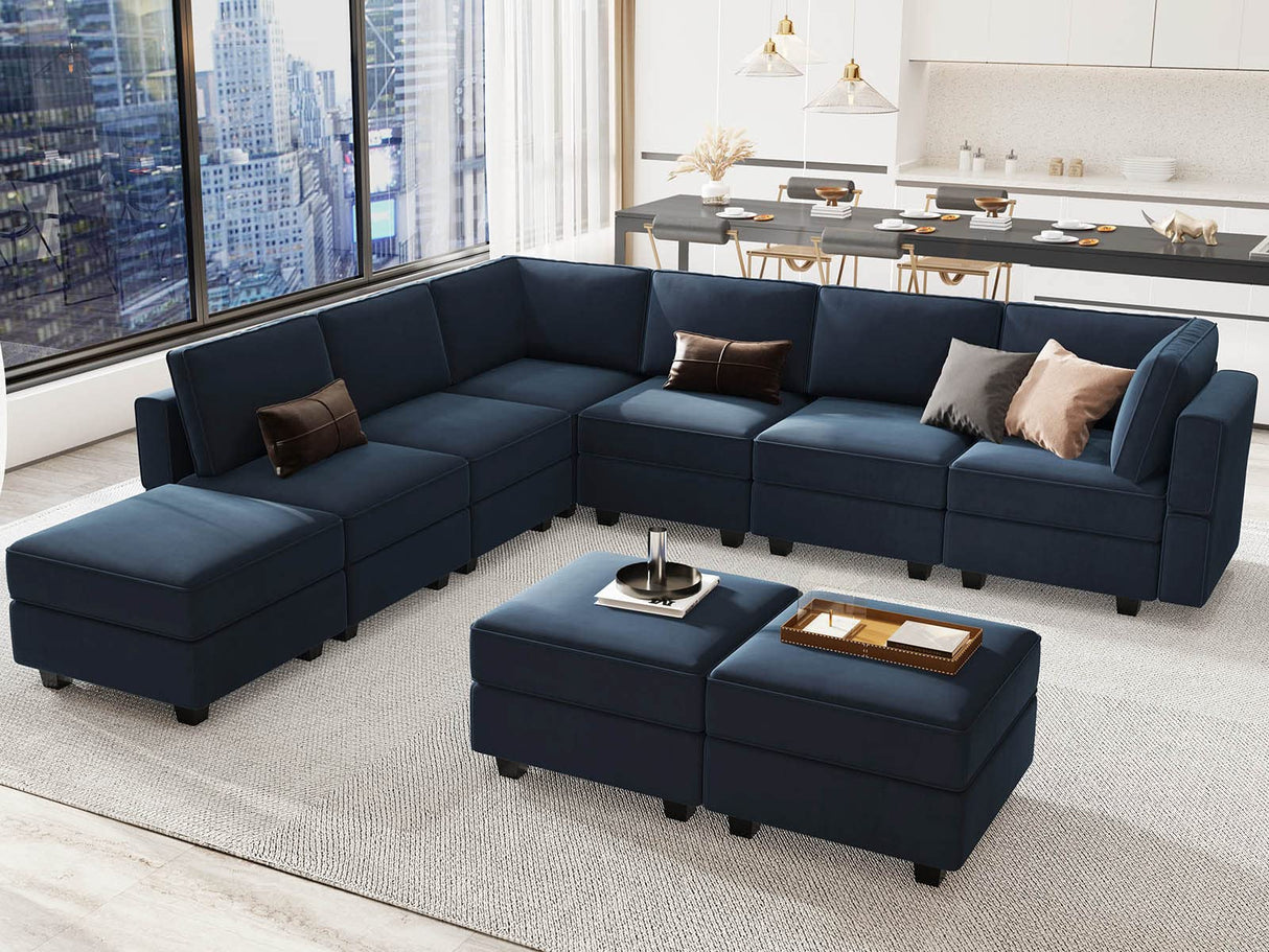 Modular Sectional Sofa with Ottoman, Velvet L-Shape Corner Sofa Set, 7-Seater, Blue