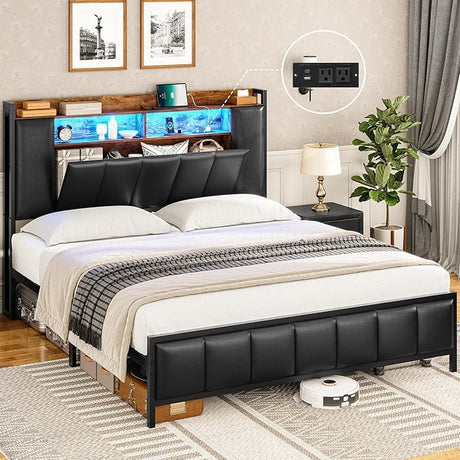 Full Size Bed Frame with Storage Headboard and Charging Station, Upholstered Led Bed