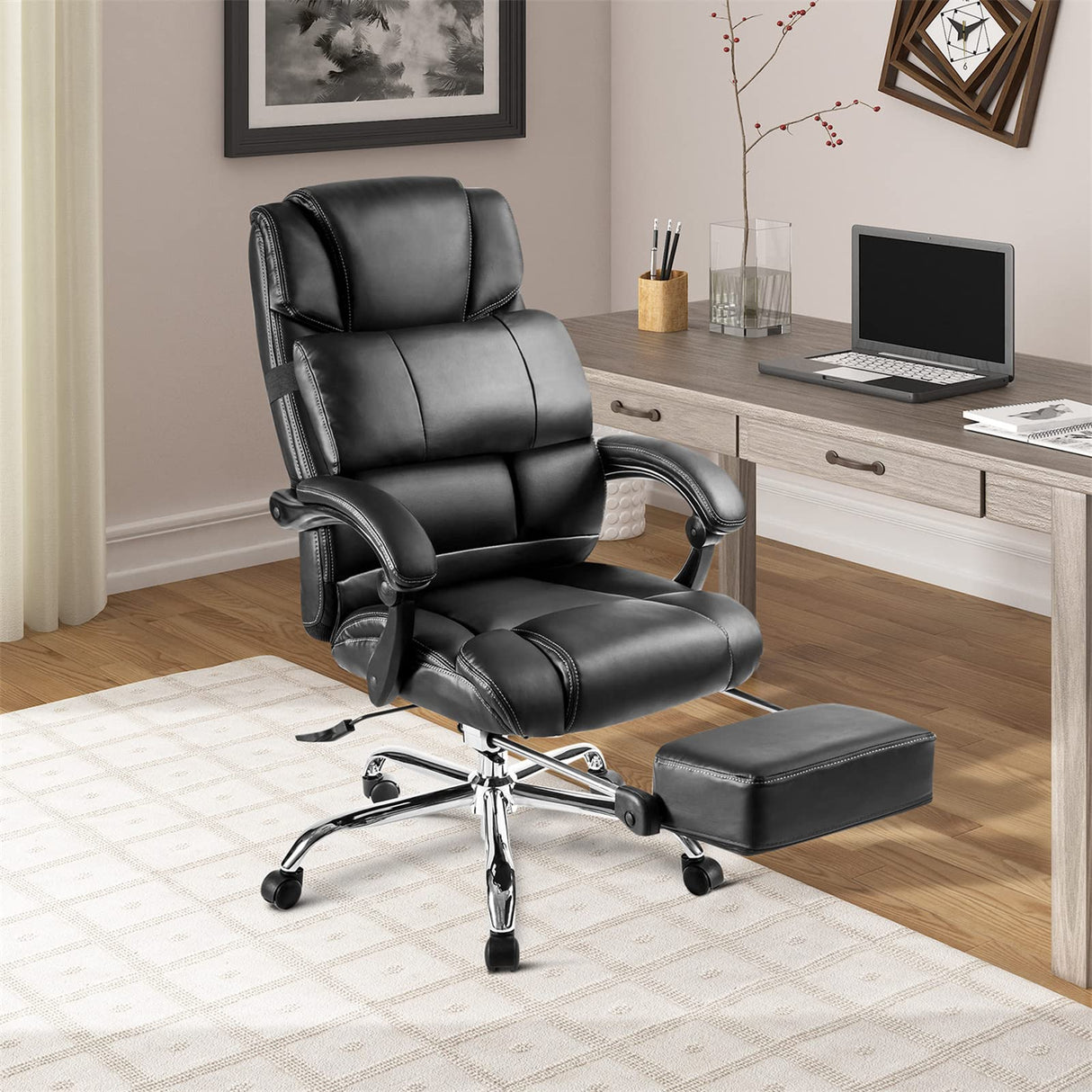 Office Chair PU Leather/Double Padded/Support Cushion and Footrest