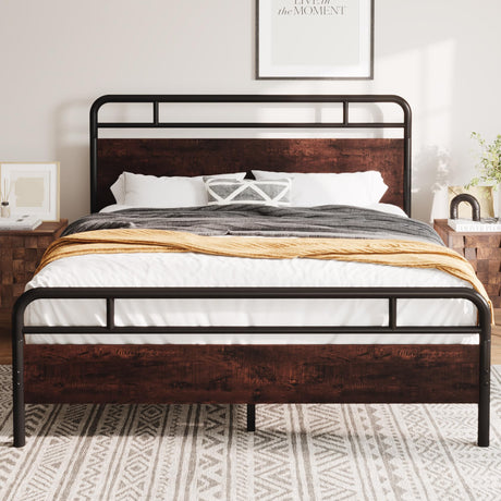 Queen Size Platform Bed Frame with Wooden Headboard and Footboard