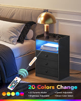 CHOEZON Nightstand with Charging Station and LED Light, Side Table with 3 Fabric Drawers Chest, End Table with USB Ports and Outlet, Bedside Table for Living Room, Bedroom, Black MBZ04UDBB