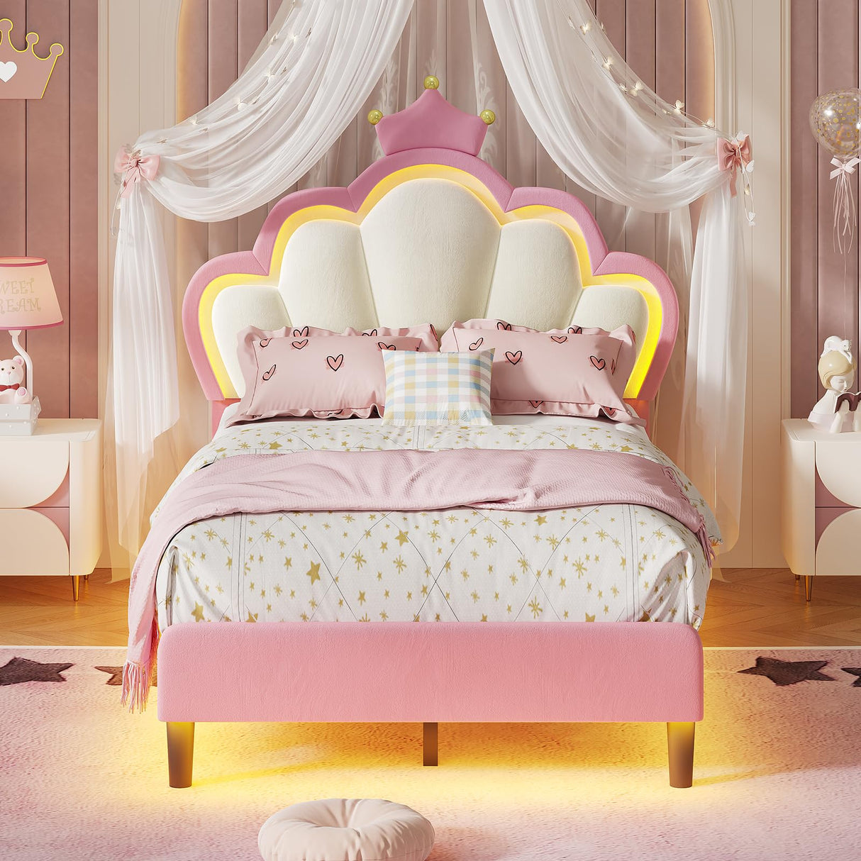 Frame with LED Lights, Girls Twin Bed with Princess Crown, LED Velvet Upholstered