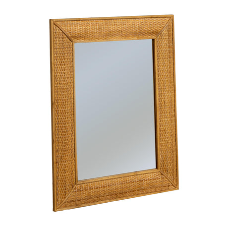 Rectangle Wood Framed Wall Mirror with Rattan Detail