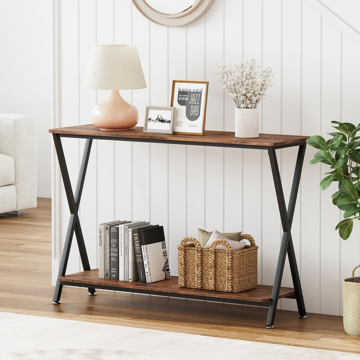 Console Table, Sofa Tables Narrow Entryway Table with Storage Shelf and Metal Frame,