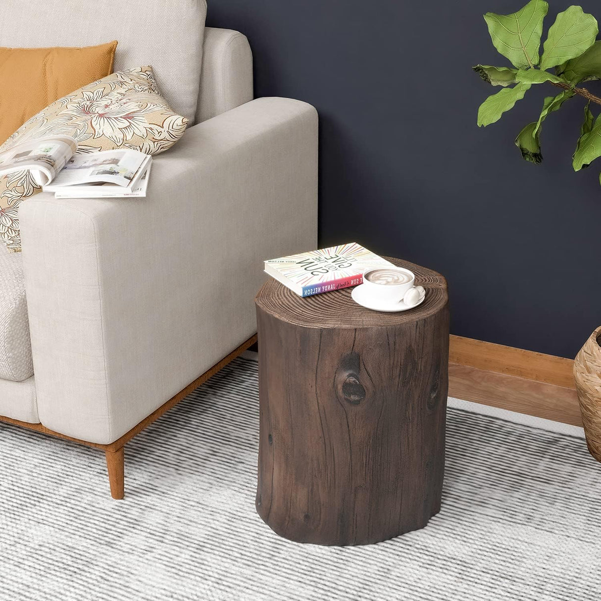 Concrete Outdoor Side TableSet of 2, 2 Piece Tree Stump Modern Round Coffee Table Accent Table