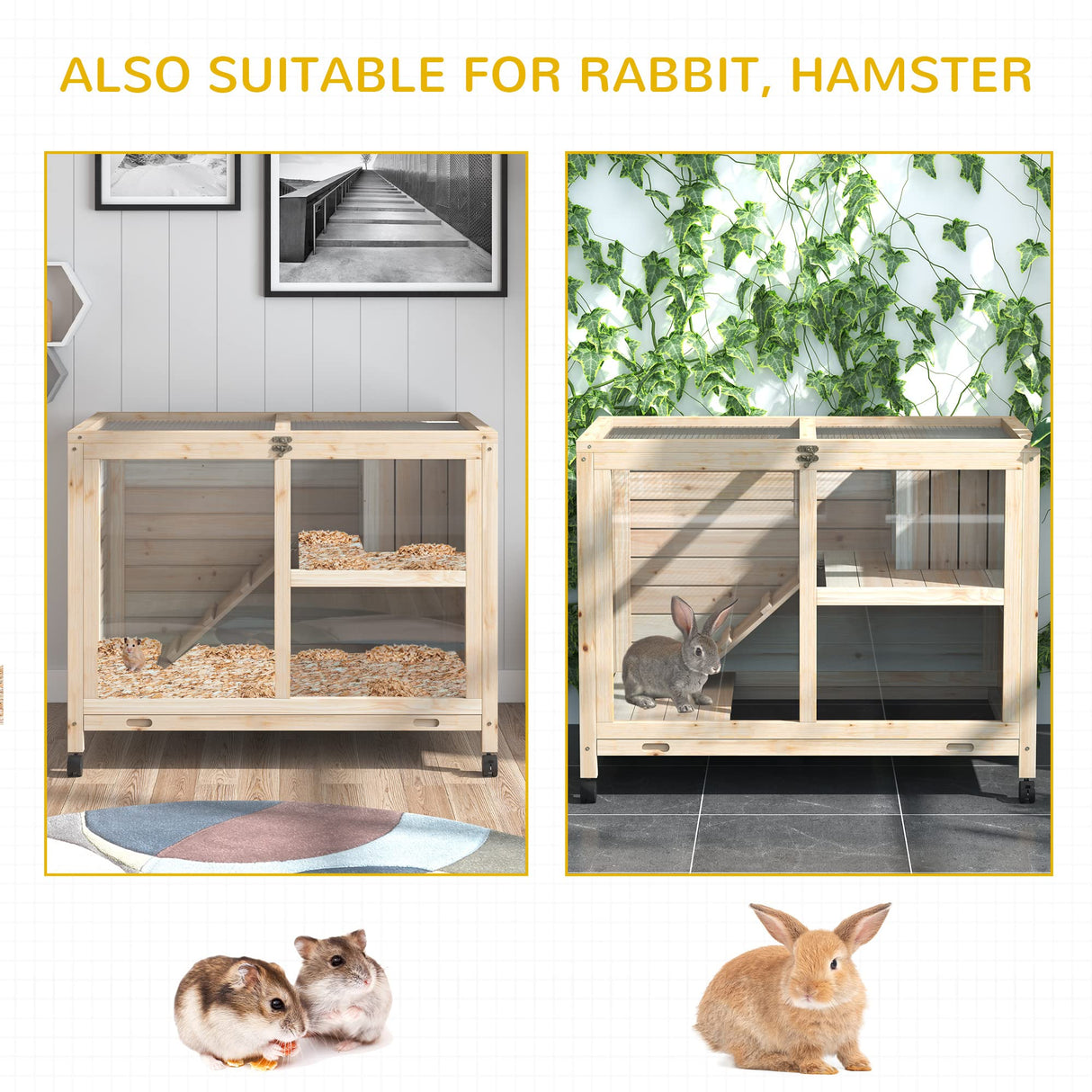 Indoor Rabbit Hutch with Wheels, Desk and Side Table Sized, Wood Rabbit Cage