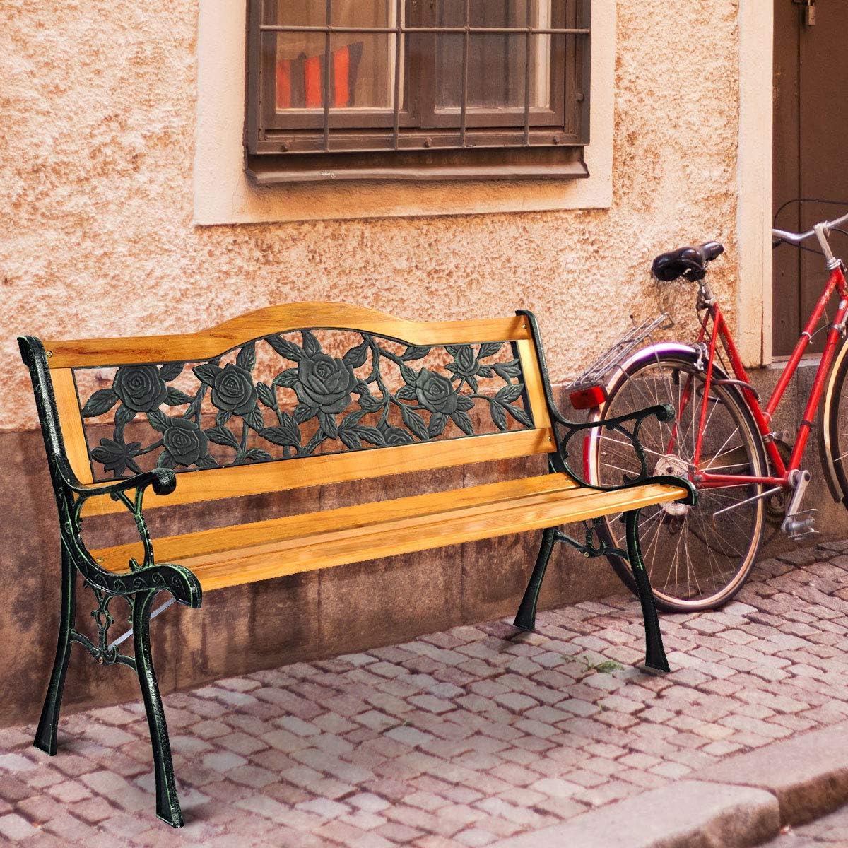 Outdoor Garden Bench, Patio Bench with Large Rose Cast Backrest & Comfort Wood Seat