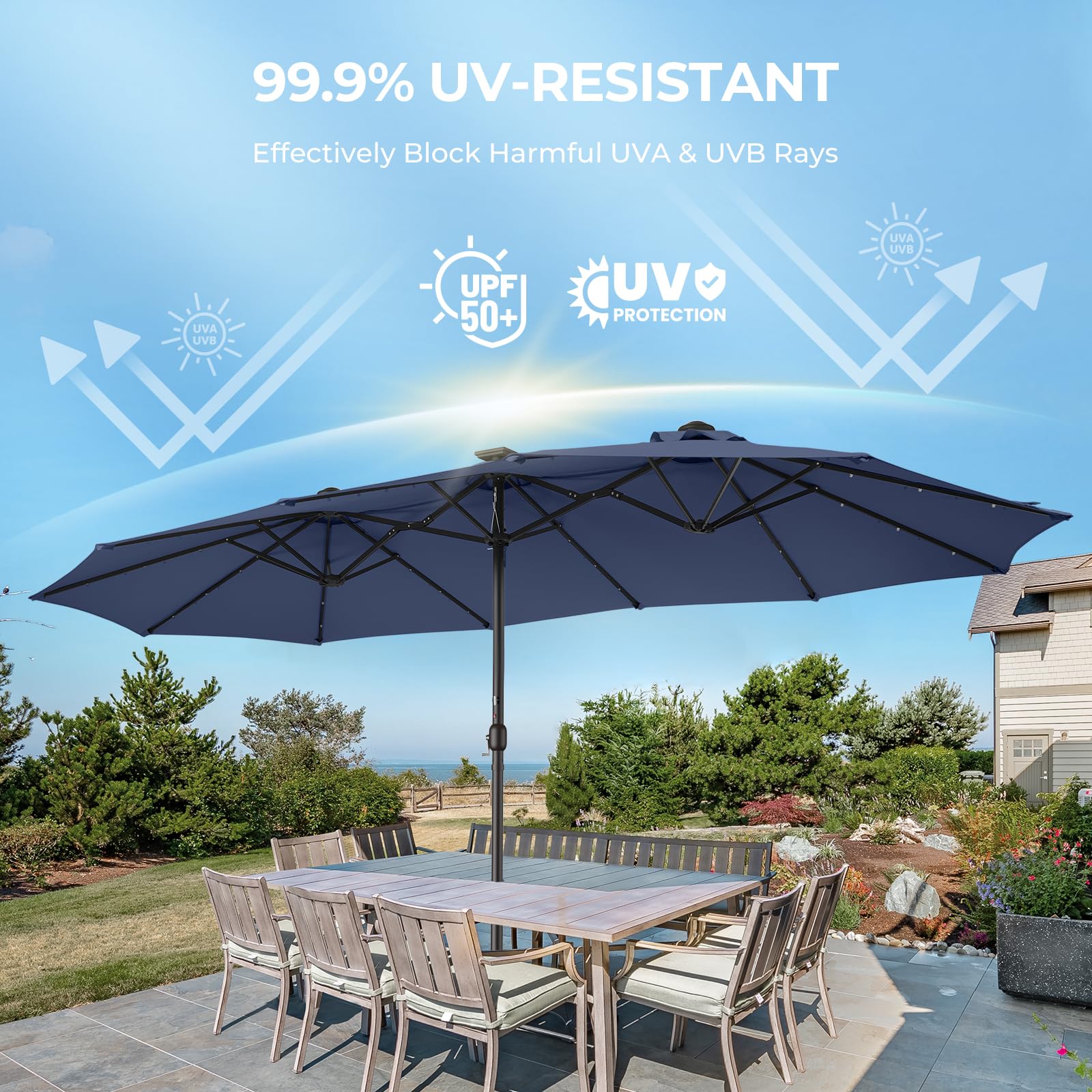 Double Sided Patio Umbrellas - 15ft Solar Lights LED Lighted Outdoor