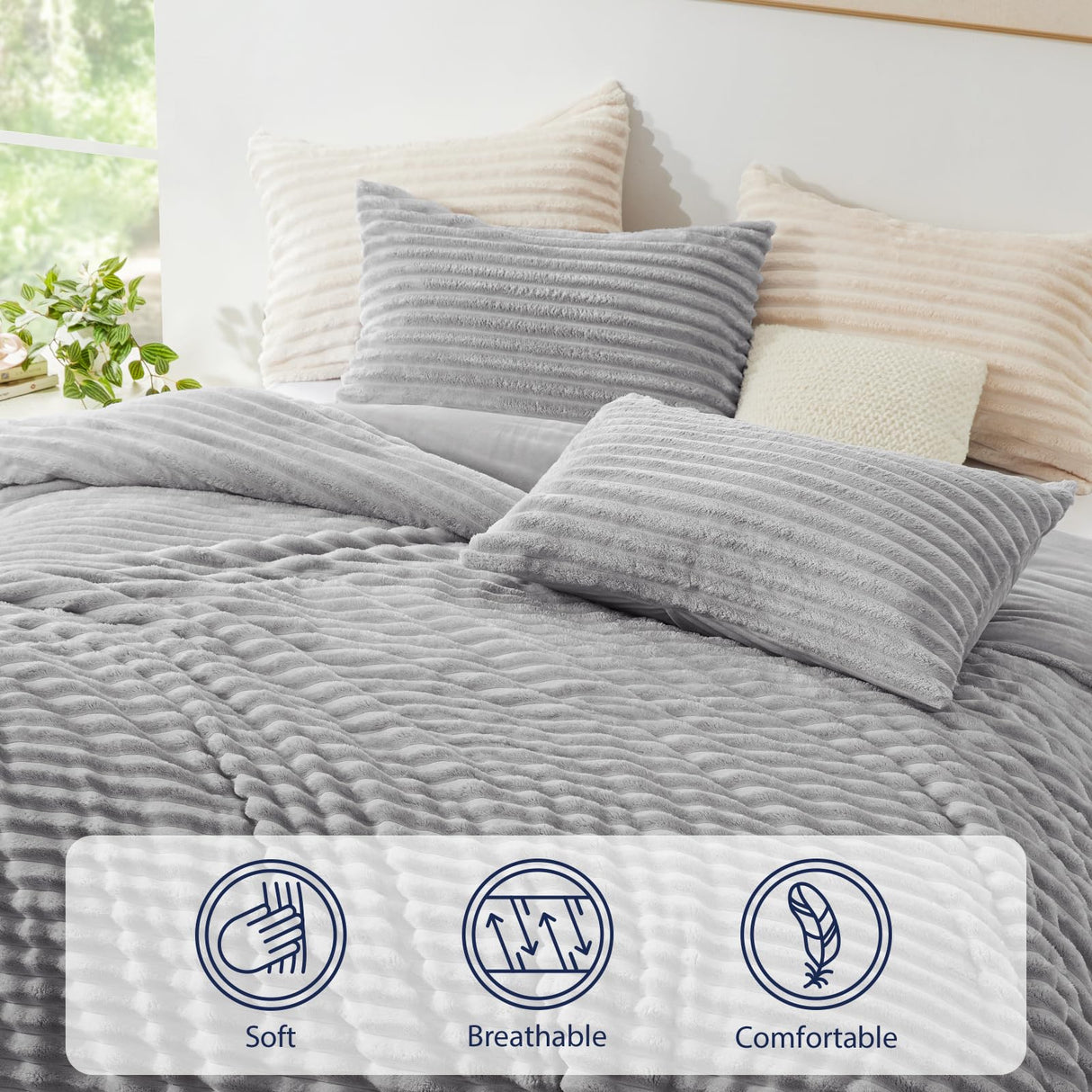 EXQ Home Fluffy Comforter Set Queen Size - Super Soft Faux Fur Stripe Jacquard Comforter 3 Pieces, Light Gray Fleece Bedding Set,Winter Warm Bed Set,1 Comforter with 2 Pillowcases