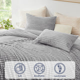 EXQ Home Fluffy Comforter Set Queen Size - Super Soft Faux Fur Stripe Jacquard Comforter 3 Pieces, Light Gray Fleece Bedding Set,Winter Warm Bed Set,1 Comforter with 2 Pillowcases