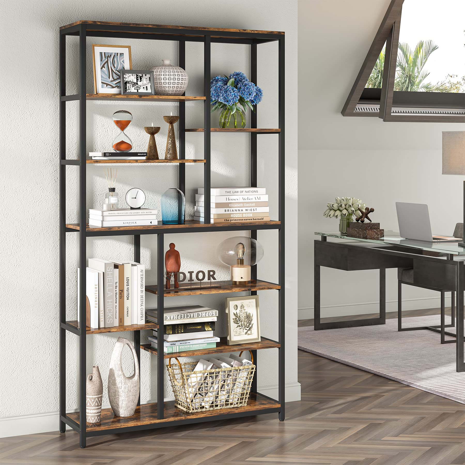 79 inches Tall Bookshelf Bookcase, 8-Tier Staggered Bookcase, Modern Freestanding