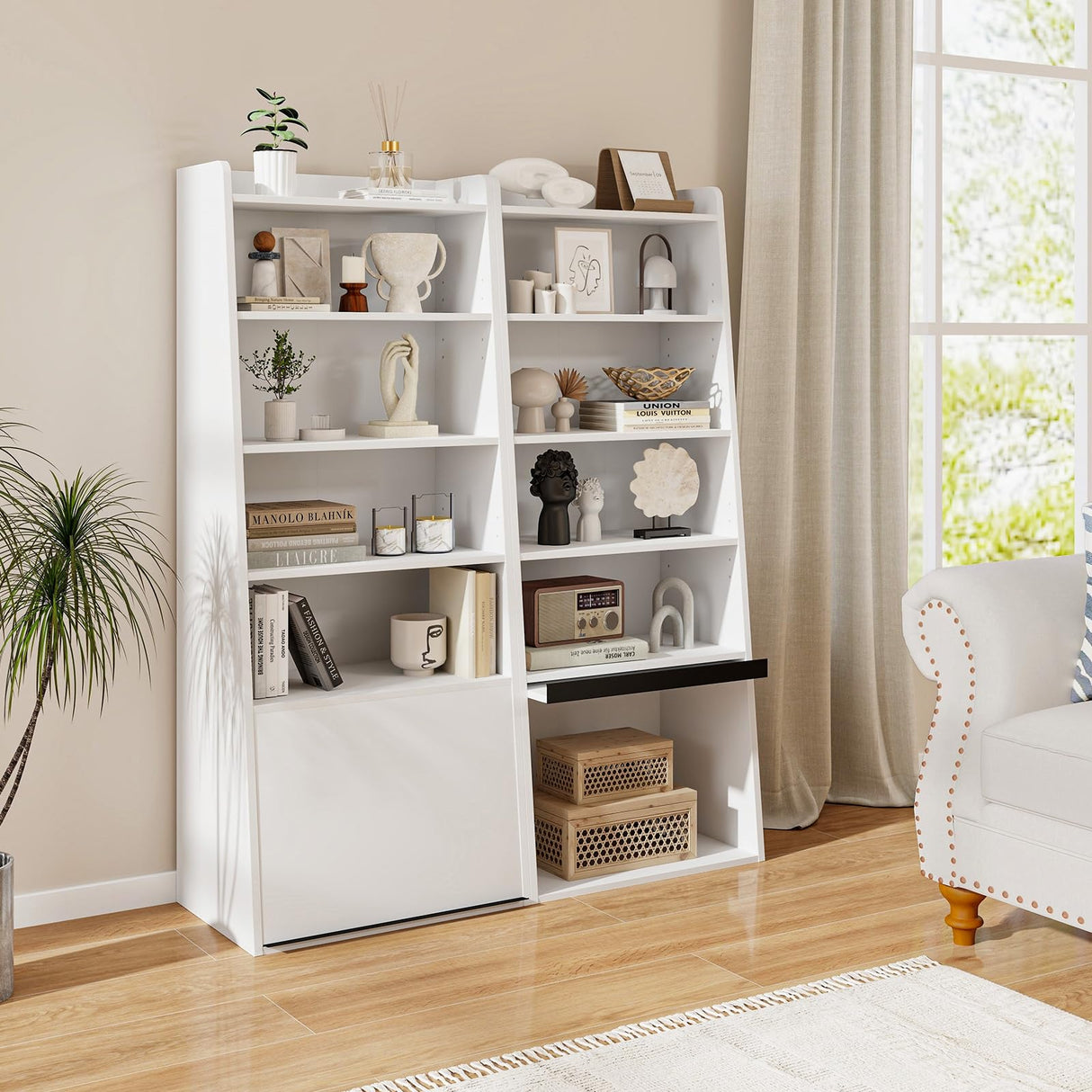 6-Tier Bookcase, Freestanding Ladder Bookshelf with 2 Adjustable Shelves & Flip Up Door