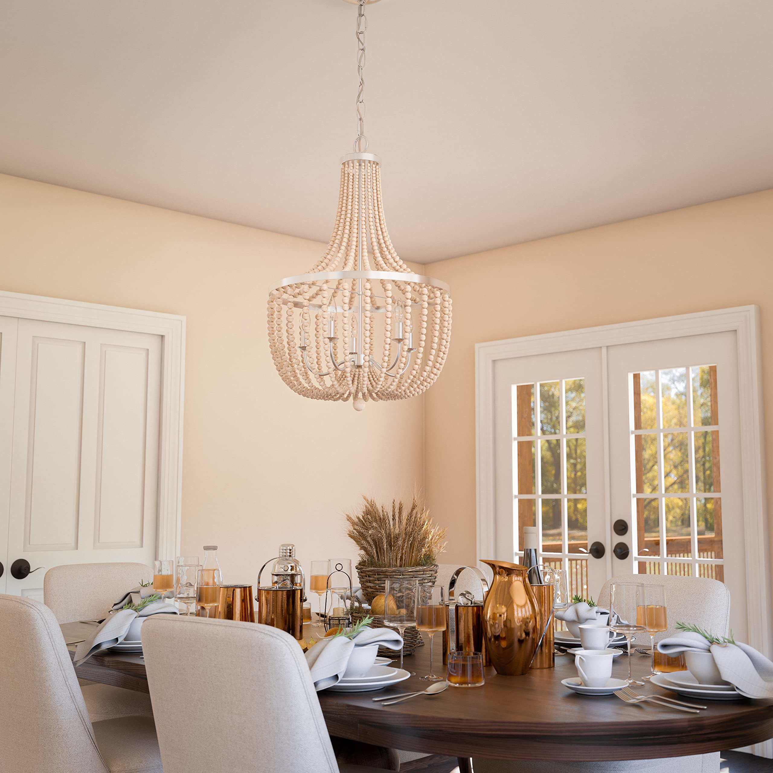 93132BS Dumas 5 Light Wood Bead Chandelier with White Finish, Casual Style, 32" Height