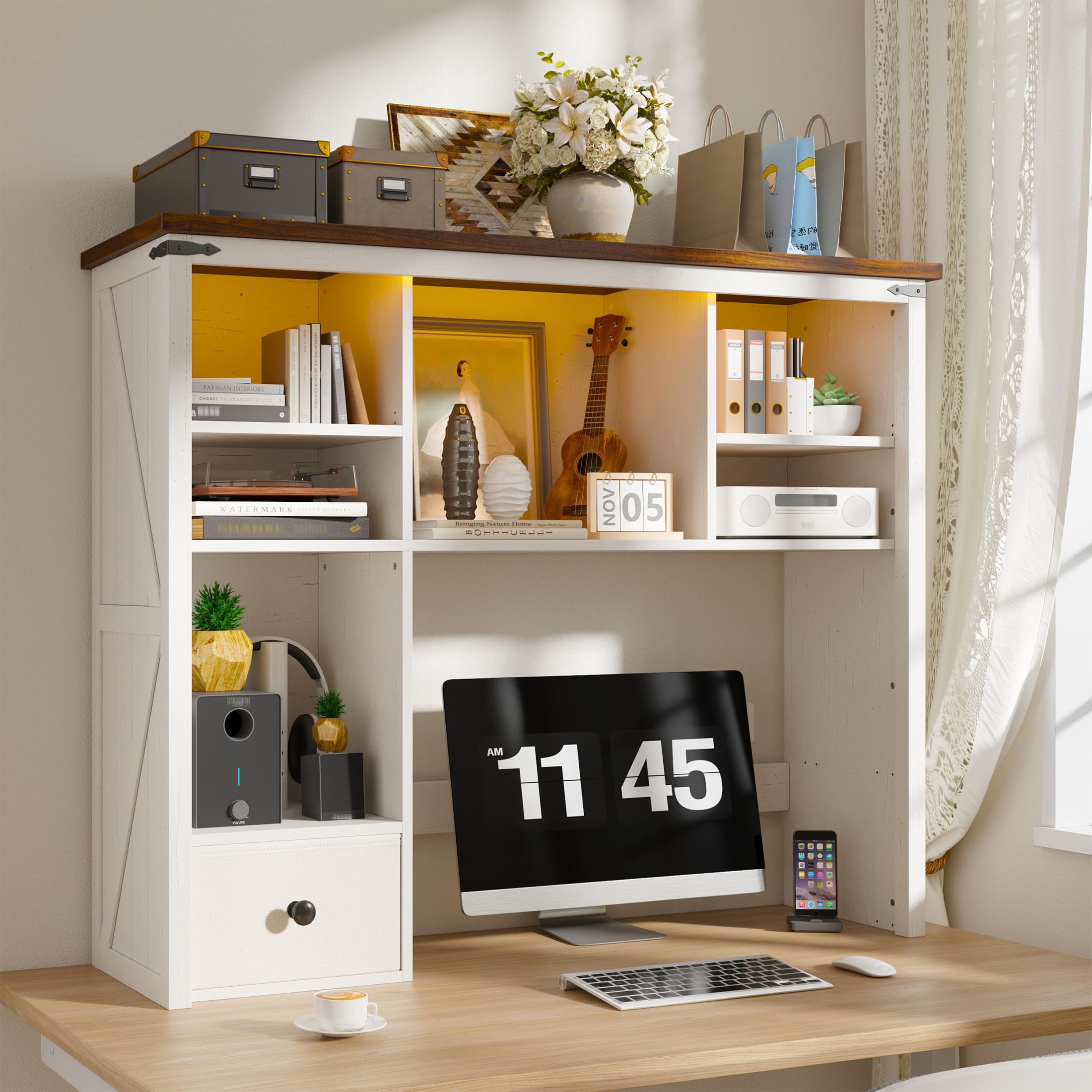37.4" W Desk Shelf for Top of Desk with LED Lights, Adjustable Desk Shelf with 8 Shelves