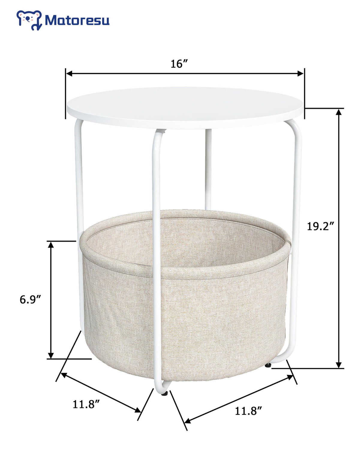 Matoresu Round End Table, Side Table for Living Room, Small Bedside Table for Small Spaces, Modern White Nightstand for Bedroom Nursery with Fabric Storage Basket