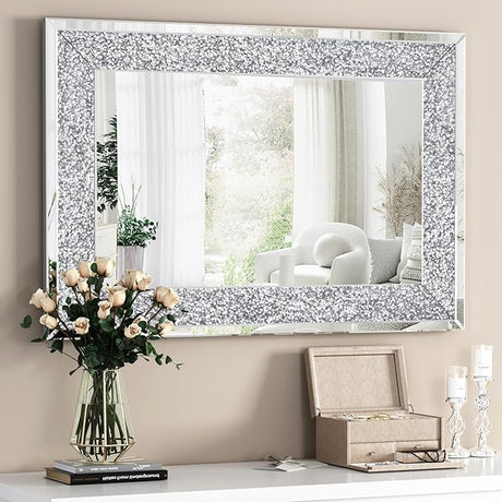 Crystal Crush Diamond Wall Mirror 46.5''x30.5'' Rectangle Silver Mirrors for Wall Decorative Large Wall