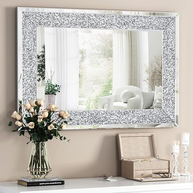 Crystal Crush Diamond Wall Mirror  Rectangle Silver Mirrors