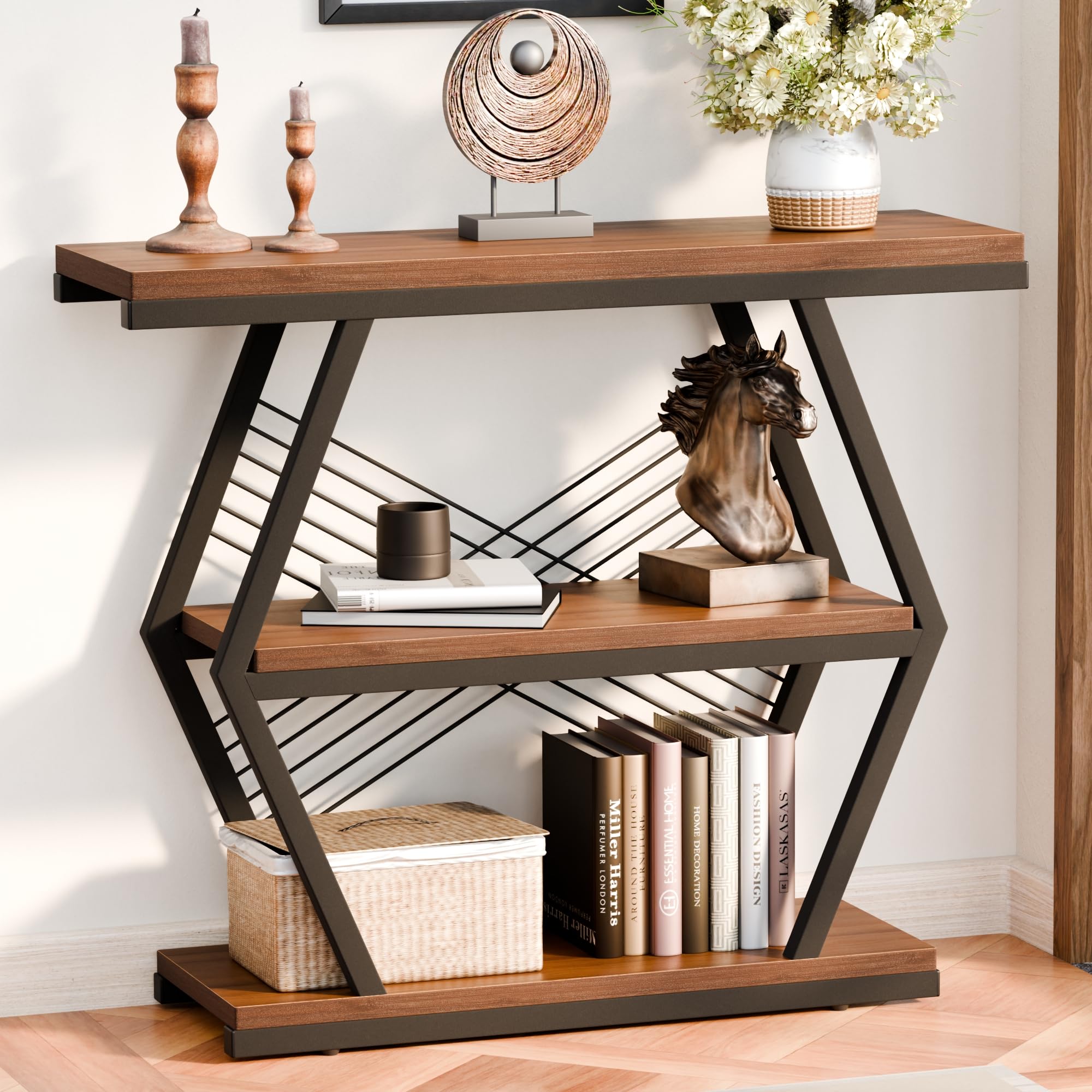 39.4" Industrial Console Table - 3-Tier Rustic Brown Entryway Table
