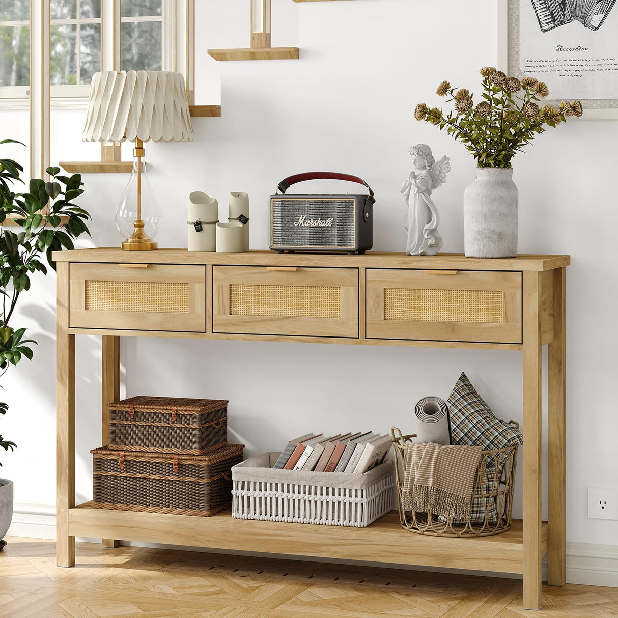 Rattan Console Table Boho Entryway Table Narrow Long Sofa Table Hallway Foyer Table Behind Couch Table with 3 Drawers and Open Storage Shelf for Living Room and Corridor Natural Wood