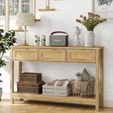 Rattan Console Table Boho Entryway Table Narrow Long Sofa Table Hallway Foyer Table Behind Couch Table with 3 Drawers and Open Storage Shelf for Living Room and Corridor Natural Wood