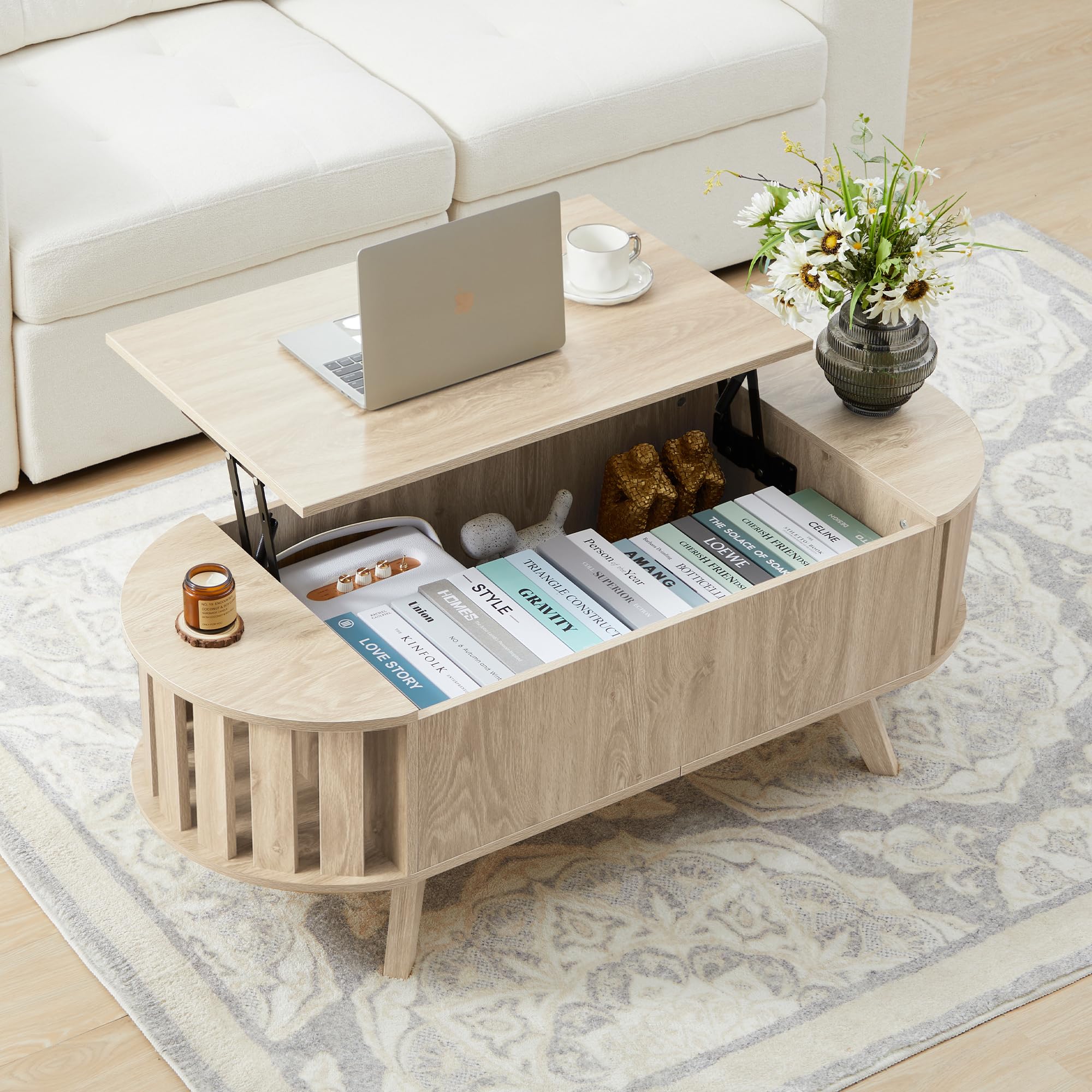 47.3" Lift Top Coffee Table with Hidden Storage, Small End Table with Curved Edge Design