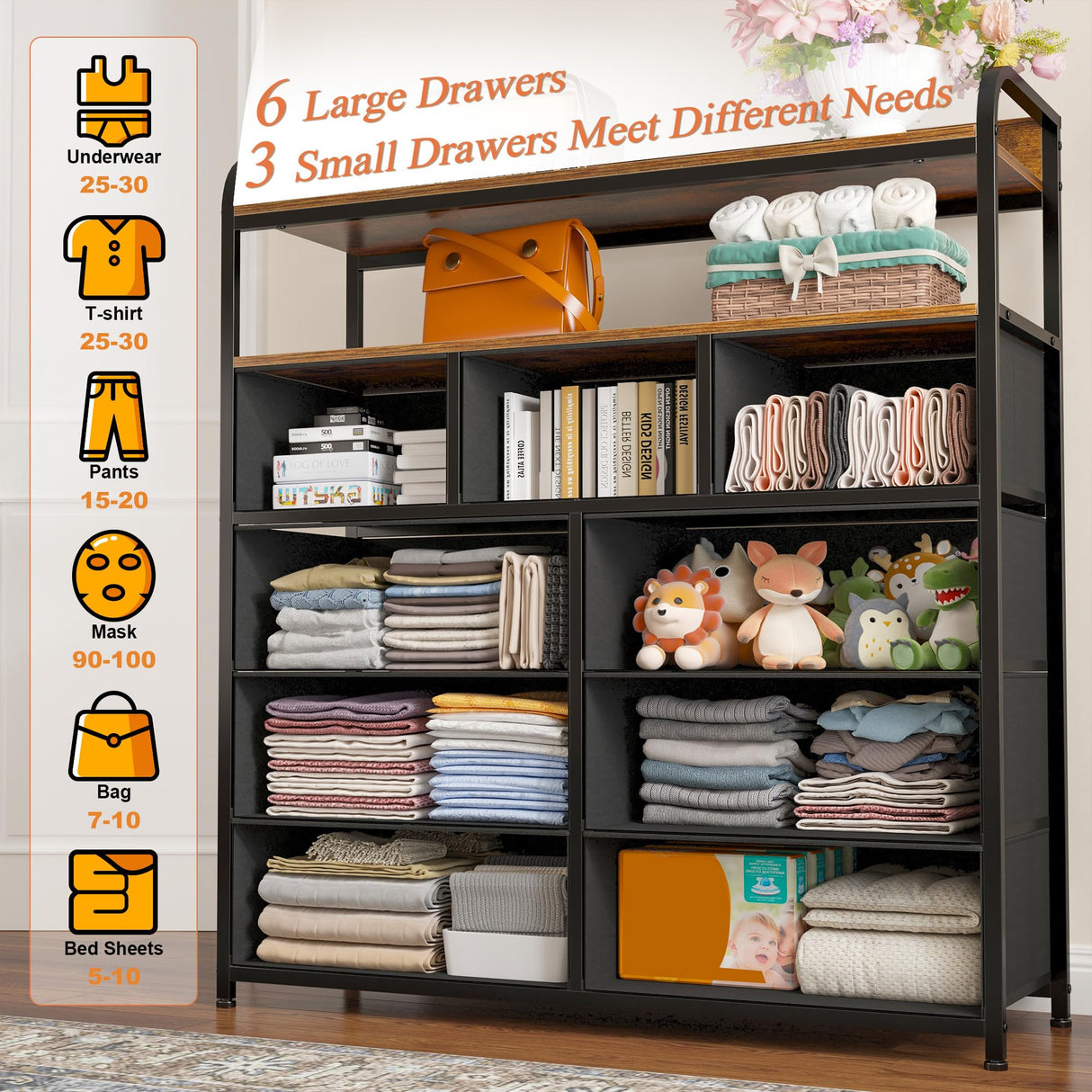 EnHomee Dresser, Tall Dressers for Bedroom with 9 Drawers, Dressers & Chests of Drawers for Bedroom with 2 Open Shelves and Metal Frame, Large Tall Bedroom Dresser for Bedroom, Closet, Rustic Brown