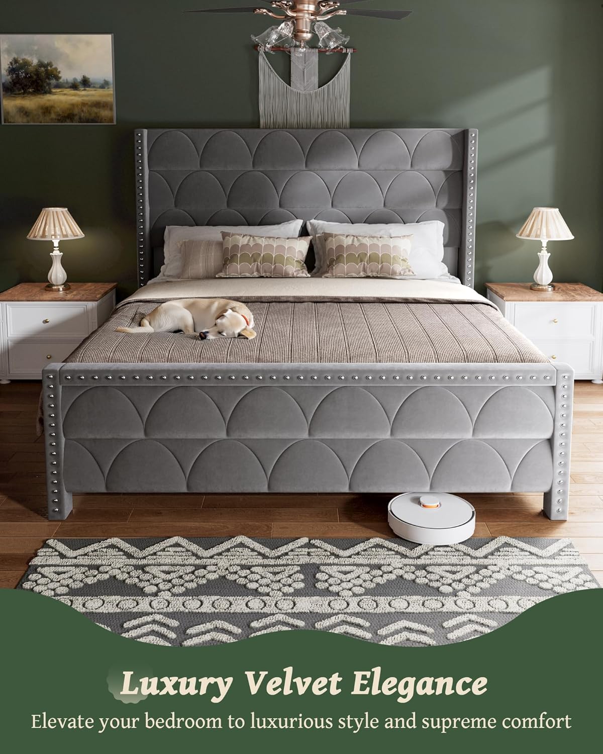 King Size Velvet Platform Bed Frame with 56" Wingback Headboard