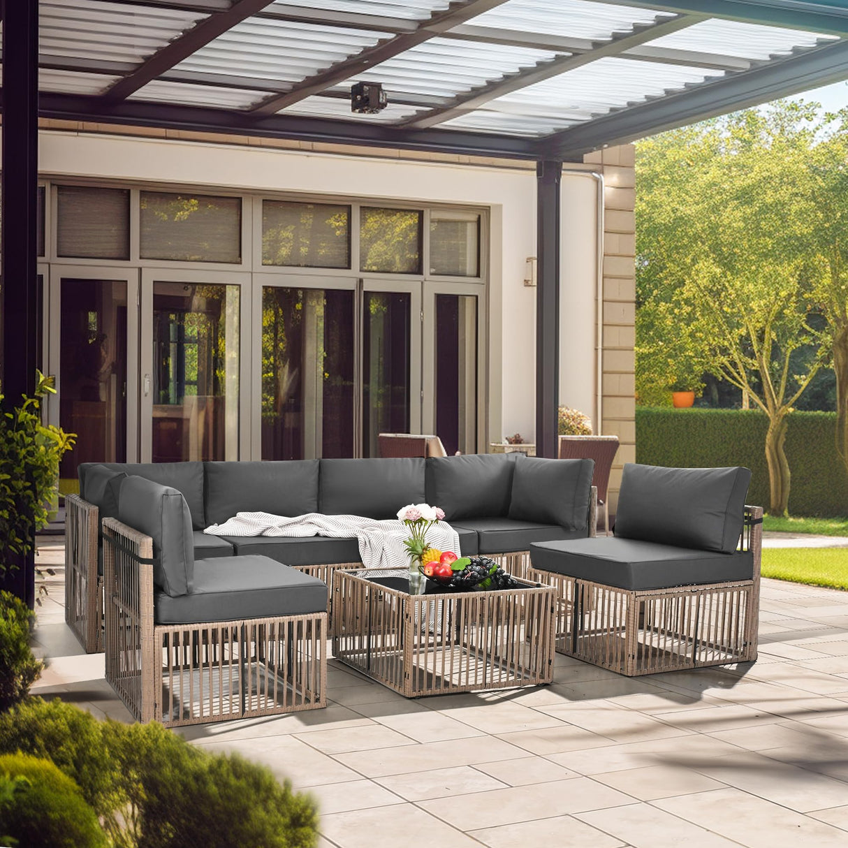 7 Pieces Outdoor Sectional Set, All-Weather PE Rattan Patio Conversation Set