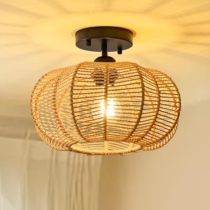 Boho Light Fixtures Ceiling Mount, Mini Bohemian Rattan Chandelier Light Fixture,