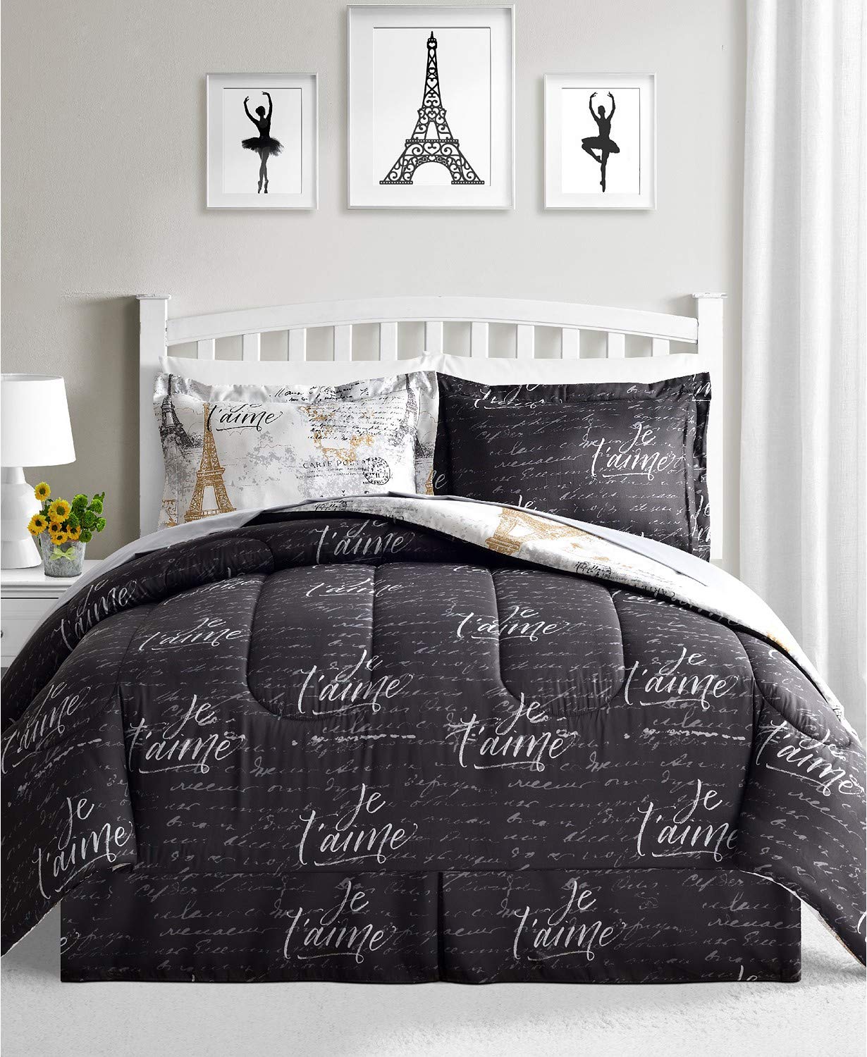 Paris Eiffel Tower Queen Comforter Set - 8 Piece Reversible Bedding