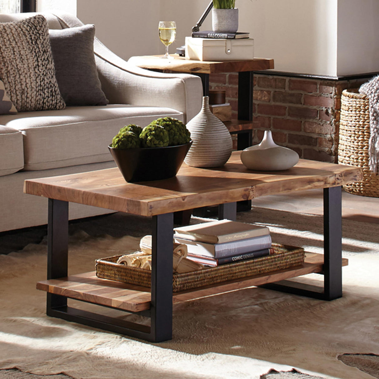 Wood Live Edge Coffee Table w/ Metal Strap Legs, Brown, Black Metal Accents