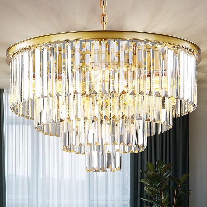 Gold Modern Crystal Chandelier, 2-Tier Round Flush Mount Ceiling Light Fixtures Height