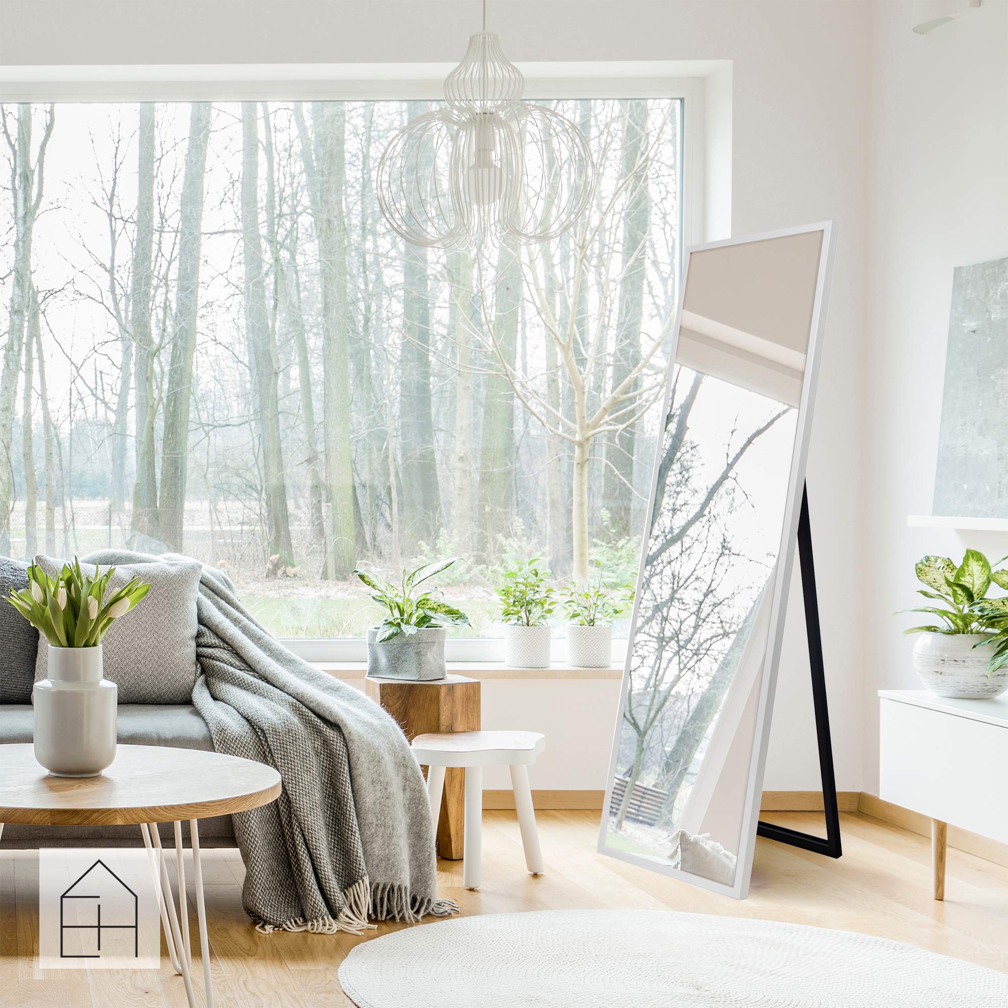 58" Framed Full Length Mirror with Easel - White