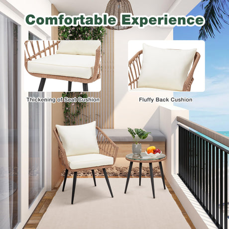 ECOTOUGE 3 Piece Wicker Patio Bistro Set, Outdoor Rattan Dining Set with Glass Top Table, Chairs, and Cushions, All-Weather Conversation Furniture Sets for Porch Backyard Lawn Poolside, Beige