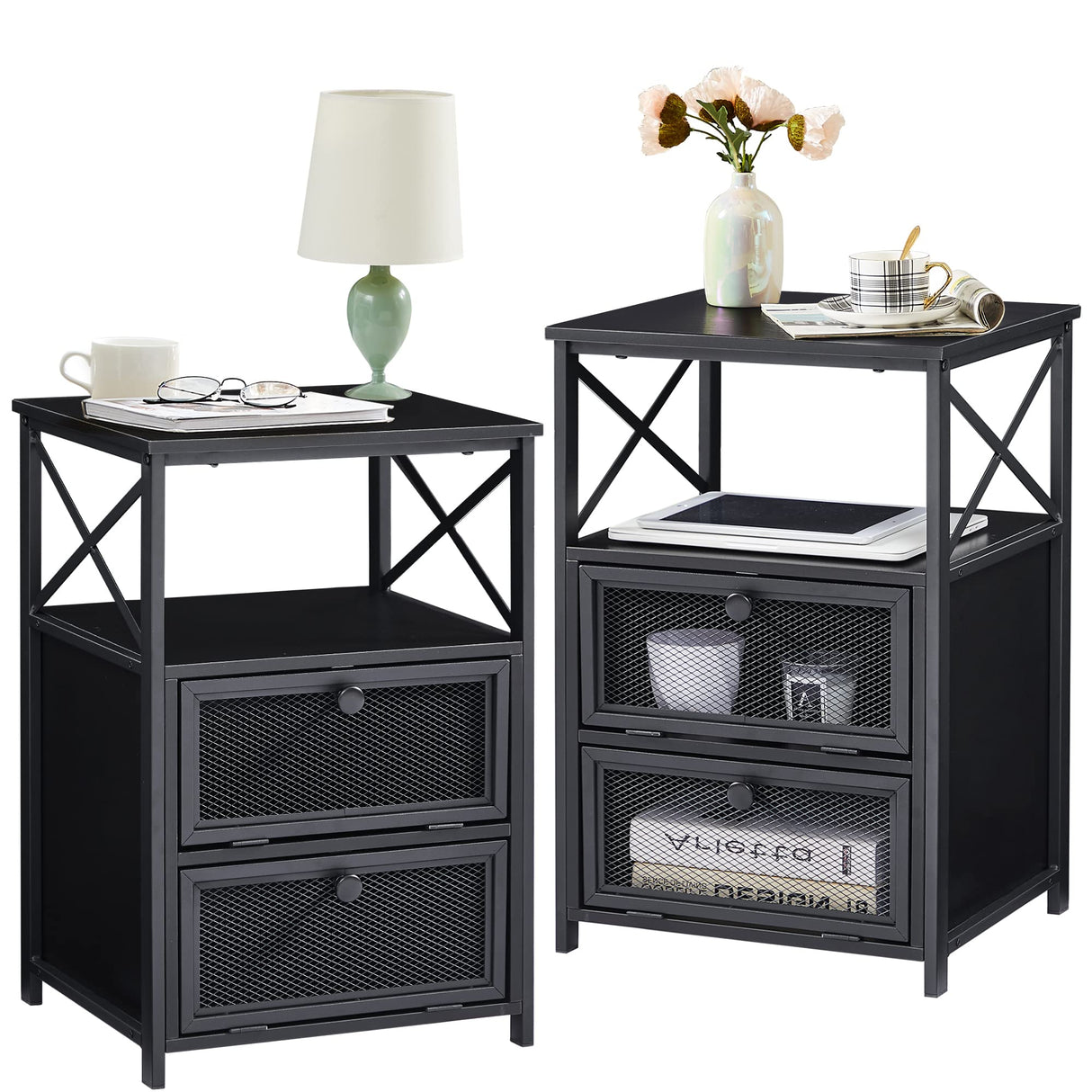 End Side Table, Modern Night Stand with Storage Space and Door, Set of 2 Nightstands