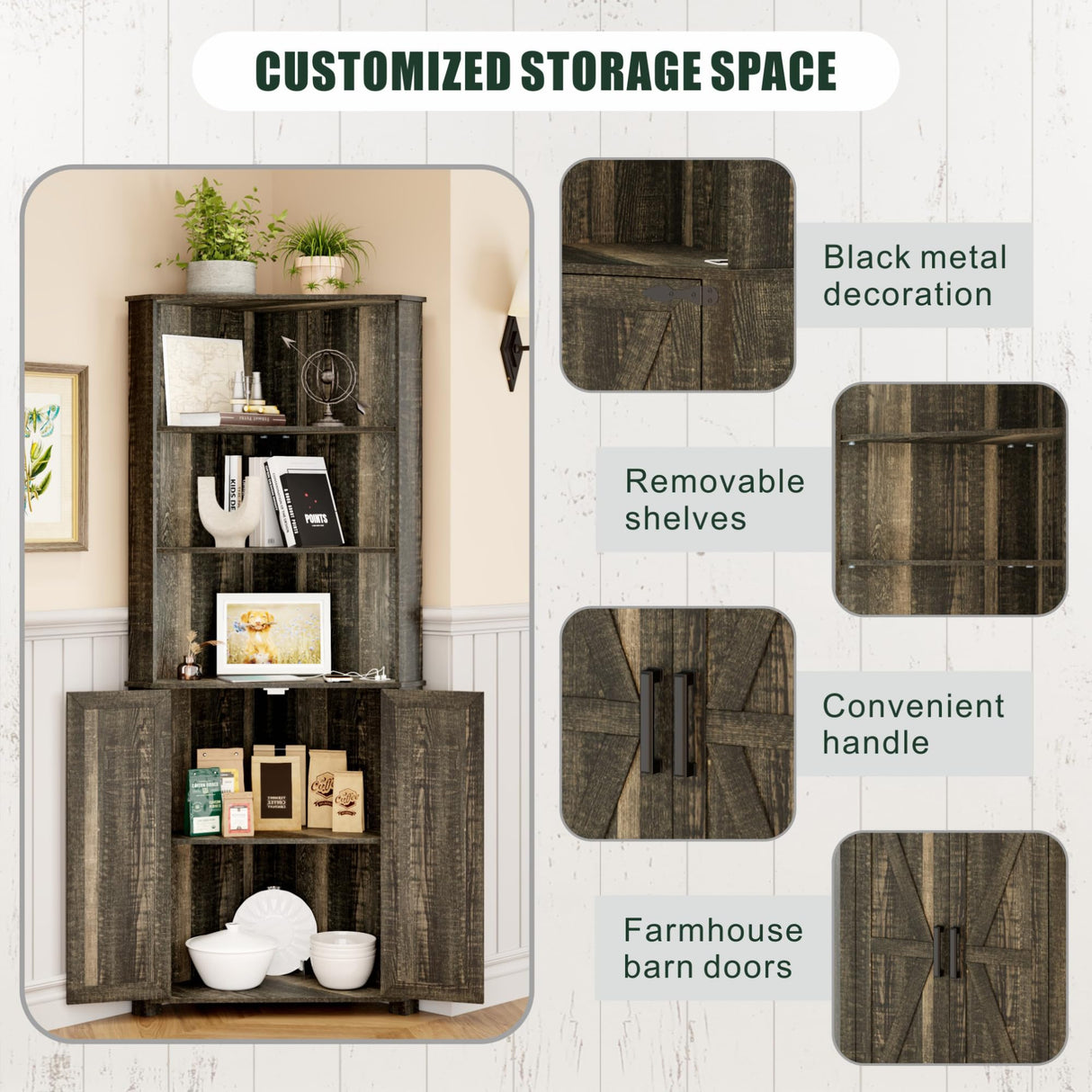 Farmhouse Corner Cabinet with LED Light, 67" Tall Bathroom Cabinet with 2 Doors and 3