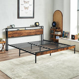 Size Bed Frame, Platform Bed Frame with 2-Tier Storage Headboard and Power Outlets,