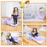 SUFUS Baby Toddler Sofa Couch for Kids Extra Wide 2-in-1 Toddler Kids Fold Out Couch Bed for Playroom, Pull Out Children Convertible Sofa to Lounger for Boys & Girls with Double Pockets, Pink Horse