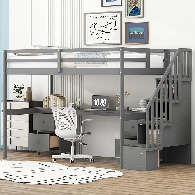 Twin Size Loft Bed Frame with Built-in Desk and Double Storage Drawers