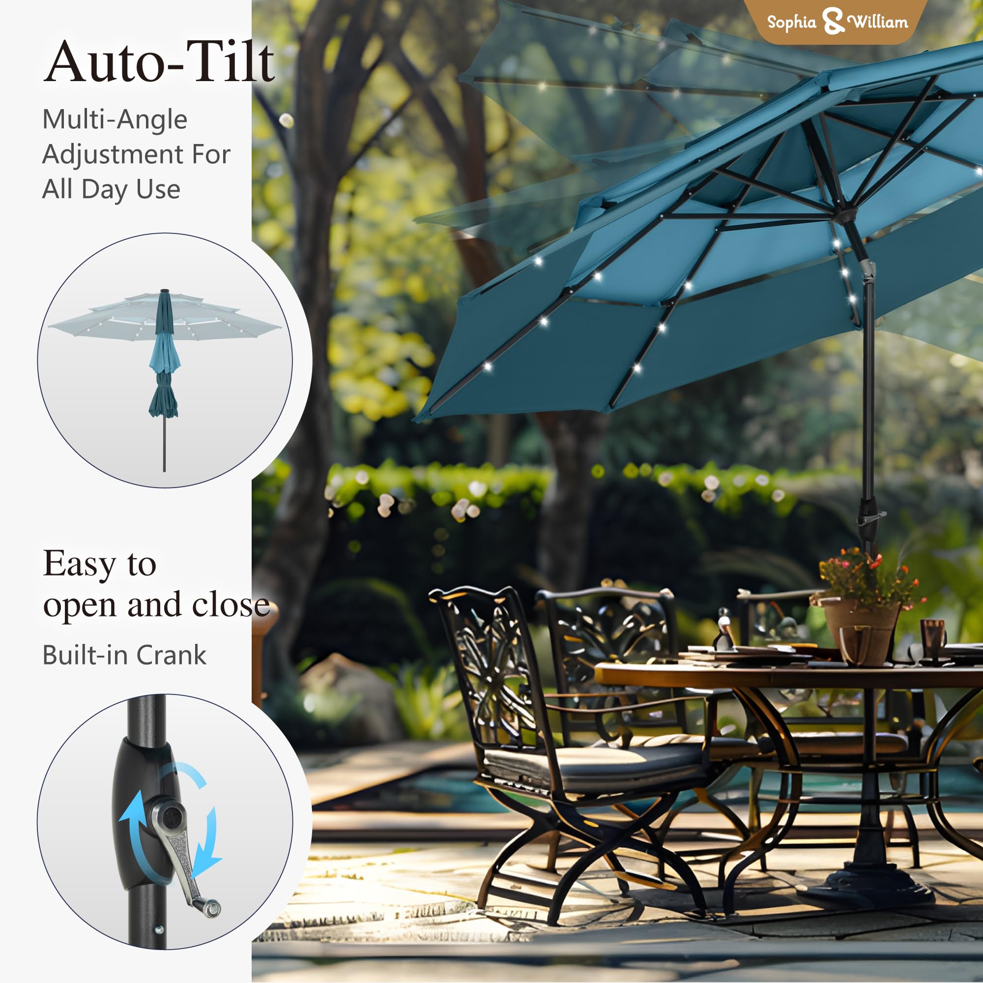 Sophia & William 10ft Patio Umbrellas 3-Tier Umbrella Outdoor Patio Umbrellas with Lights Vented Top 24 LED lights Adjustable Tilt for Pool Garden Backyard, Mixed Peacock