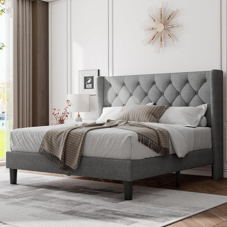 Queen Size Bed Frame with Diamond Tufted Wingback Headboard, Morden Upholstered