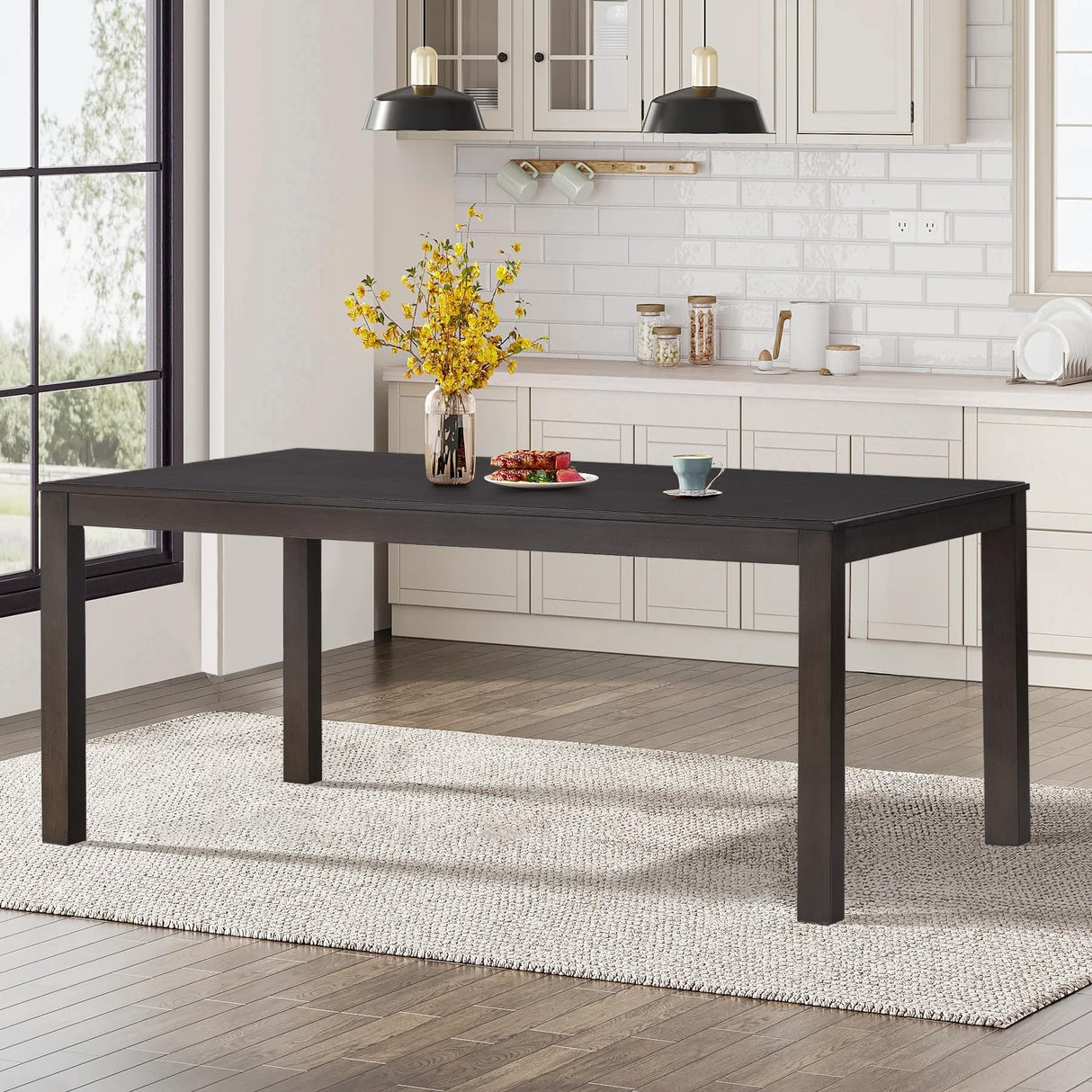 Wooden Dining Table Set, Mid Century Modern Rectangle Wooden Kitchen Table and PU