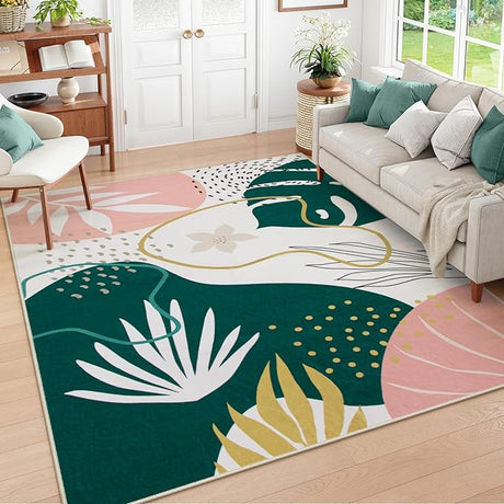 Pink Washable Rugs 8x10 - Non-Slip Backing Large Living Room Carpet Low Pile